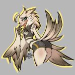  anthro avian beak bent_over bird blush bottomwear clothed clothing eyelashes feathered_wings feathers female freckles hi_res hotpants imako-chan lyra_(w4g4) open_beak open_mouth rear_view shorts smile solo tail_feathers topwear vest white_body winged_arms wings 