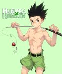  1boy absurdres beitemian belt black_belt blush brown_eyes closed_mouth copyright_name fishing_rod gon_freecss green_background green_hair green_shorts highres holding holding_fishing_rod hunter_x_hunter male_focus navel nipples short_hair shorts simple_background solo spiked_hair topless_male 