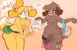  animal_crossing anthro areola balls blush bodily_fluids breasts clothing condom dialogue digby_(animal_crossing) dripping_penis duo english_text fanny_pack female filled_condom genitals isabelle_(animal_crossing) kaboozey male nintendo nipples nude panties penis pubes pussy sex_toy sexual_barrier_device sweat text underwear 