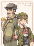  1boy 1girl ace_attorney blonde_hair blue_eyes bowler_hat center_frills character_name coat facial_hair fish_and_chips food frills gina_lestrade green_coat green_headwear green_jacket grey_hair hand_in_pocket hat holding holding_food jacket long_sleeves looking_at_another mustache old old_man open_mouth presenting shigatake shirt short_hair sleeves_rolled_up smile standing the_great_ace_attorney the_great_ace_attorney_2:_resolve tobias_gregson white_shirt 