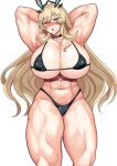  1girl abs absurdres armpits arms_behind_head arms_up bare_shoulders barghest_(fate) biceps bikini black_bikini blonde_hair blush breasts choker cleavage collarbone covered_nipples fate/grand_order fate_(series) green_eyes harurukan heterochromia highres horns huge_breasts long_hair looking_at_viewer micro_bikini muscular muscular_female navel open_mouth red_eyes solo swimsuit thick_thighs thighs 