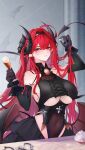  1girl absurdres ahoge azur_lane banchiyuebai bare_shoulders black_gloves black_horns breasts center_frills clothing_cutout curled_horns demon_girl frills gloves heart heart_tail highres hindenburg_(azur_lane) horns large_breasts looking_at_viewer red_eyes red_hair sideboob tail underboob_cutout 