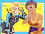  2girls animification apex_legends armlet belt bikini black_bodysuit blue_border blue_gloves bodysuit border bow breasts brown_eyes brown_hair brown_lips cable catalyst_(apex_legends) cleavage collarbone earrings fingerless_gloves flower gloves gold_choker grey_belt hair_behind_ear hair_bow hair_bun hair_flower hair_ornament heart jewelry light_brown_hair lipstick loba_(apex_legends) looking_at_viewer makeup mask mask_around_neck medium_breasts multicolored_hair multiple_girls nail_polish official_alternate_costume one_eye_closed orange_bikini purple_bow purple_flower purple_nails purple_sash sash shell shell_earrings short_hair signature single_hair_bun small_breasts smile stellar_swimwear_catalyst swimsuit thigh_strap trouble_in_paradise_loba two-tone_hair uixy wetsuit white_gloves yellow_eyes 