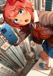  1girl absurdres accident ahoge blue_eyes blue_skirt blush bow breasts brown_vest building bus car cellphone city collared_shirt day doki_doki_literature_club hair_bow highres holding holding_phone iphone jacket khyle. large_breasts looking_at_viewer lower_teeth_only miniskirt motor_vehicle neck_ribbon open_clothes open_jacket open_mouth outdoors phone pink_hair pleated_skirt red_bow red_hair red_ribbon ribbon rope sayori_(doki_doki_literature_club) school_uniform shirt shoes short_hair skirt skyscraper smartphone smile socks solo teeth vest white_shirt white_socks 