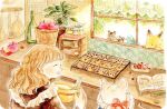  1girl animal apple bird book brown_hair cat closed_eyes cookie food fruit holding indoors long_hair oniheya_53 open_book open_mouth original painting_(medium) plant potted_plant squirrel traditional_media watercolor_(medium) white_cat window 