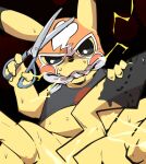  2021 4_fingers anthro barefoot black_background bottomless clothed clothing cosplay_pikachu_(costume) feet fingers fur gag holding_object holding_own_tail holding_scissors magumomo male mask nervous nintendo one_eye_half-closed pikachu_libre pokemon scissors self_harm shirt simple_background sitting solo sparks spread_legs spreading tank_top topwear worried yellow_body yellow_fur 