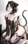  1girl absurdres animal_ears arknights bare_shoulders black_choker black_hair breasts cat_ears cat_tail choker cleavage commentary_request highres looking_at_viewer mandragora_(arknights) medium_breasts nopetroto parted_lips seiza sitting solo tail tears thighhighs thighs white_thighhighs yellow_eyes 