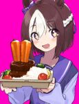  +_+ 1girl animal_ears bento blush broccoli carrot ear_bow hamburger_steak holding_bento horse_ears long_sleeves looking_at_viewer michia_(bourgognepony) multicolored_hair open_mouth purple_eyes purple_shirt rice sailor_collar saliva shirt short_hair simple_background solo special_week_(umamusume) tomato two-tone_hair umamusume upper_body 