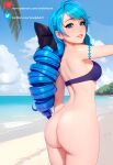  1girl anelehart ass bikini blue_hair from_behind gwen_(league_of_legends) highres league_of_legends looking_to_the_side md5_mismatch nude patreon_logo purple_bikini solo swimsuit twitter_logo web_address 