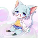  2018 :3 alpha_channel ange_(cat_busters) anthro big_head blue_bottomwear blue_clothing blue_eyes blue_hair blue_skirt blush bottomwear bubble cat_busters chibi clothed clothing cotora domestic_cat eyewear felid feline felis female footwear front_view fully_clothed glasses gradient_background hair looking_at_viewer mammal on_bubble pleated_skirt portrait pupils raised_tail short_hair simple_background sitting skirt slit_pupils smile socks solo straight_hair tail thick_thighs transparent_background whiskers 