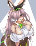  :3 absurd_res accessory animal_humanoid bare_shoulders big_breasts blush bottomwear breasts brown_eyes brown_hair clothed clothing european_hare_(kemono_friends) female fur_collar hair hair_accessory hair_over_eye hairband hare_humanoid hi_res high-angle_view humanoid kemono_friends lagomorph lagomorph_humanoid leporid_humanoid mammal mammal_humanoid multicolored_hair nipple_outline one_eye_obstructed open_mouth skirt solo urisaba white_hair 