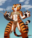  2023 anthro chest_wraps claws clothed clothing dreamworks felid female halberd hi_res kung_fu_panda mammal master_tigress melee_weapon orange_body pantherine pawpads polearm portrait solo standing stripes tggeko three-quarter_portrait tiger unseen_character weapon wraps 