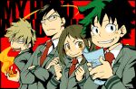  1girl 3boys bakugou_katsuki black_hair blonde_hair blush bodysuit boku_no_hero_academia brown_eyes brown_hair clenched_hands collared_shirt copyright_name crossed_arms flaming_hand freckles glasses green_eyes green_hair grin holding holding_paper iida_tenya looking_back midoriya_izuku multiple_boys necktie nervous_smile open_mouth paper red_background red_necktie school_uniform shirt short_hair smile spiked_hair sweatdrop teeth tongue tongue_out u.a._school_uniform upper_teeth_only uraraka_ochako white_shirt yam_(redjest) 