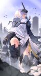  123nasub 1girl absurdres armor armored_boots boots cape cityscape cloak dog_tags feet_out_of_frame goddess_of_victory:_nikke headgear highres looking_to_the_side mecha_musume mechanical_arms shoulder_armor single_mechanical_arm sky snow_white_(nikke) solo visor_(armor) visor_lift white_cape white_cloak white_hair yellow_eyes 