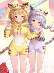  2girls :o absurdres animal_costume animal_hood animal_print annno_ans bai_(granblue_fantasy) blonde_hair blunt_bangs braid chinese_zodiac claw_pose detached_sleeves feet_out_of_frame granblue_fantasy grin hair_ornament hair_scrunchie halftone halftone_background hand_on_another&#039;s_arm hands_up highres hood huang_(granblue_fantasy) long_hair long_sleeves low_twintails multiple_girls neck_ribbon one_eye_closed red_eyes red_ribbon ribbon scrunchie single_braid smile standing tail tiger_costume tiger_hood tiger_print tiger_tail twintails white_hair yellow_background 