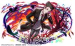  1boy bird black_jacket black_necktie cellphone closed_mouth collared_shirt crash_fever crow feathers grey_pants hair_slicked_back hand_on_own_hip hand_up jacket kaiki_deishuu looking_at_viewer male_focus monogatari_(series) narrowed_eyes necktie official_art open_clothes open_jacket pants phone promotional_art shadow shirt solo standing suit_jacket trench_coat white_shirt 