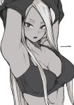  1girl aosora2823 armpits arms_up artist_name blush boku_no_hero_academia bra breasts cleavage commentary dark-skinned_female dark_skin greyscale highres large_breasts long_hair looking_at_viewer mirko monochrome open_mouth parted_bangs sidelocks simple_background solo straight_hair tsurime underwear undressing upper_body white_background 