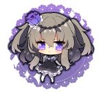  1girl :&lt; absurdres black_dress black_footwear blush brown_hair chibi closed_mouth commentary_request doily dress flower frilled_dress frills hair_between_eyes hair_flower hair_ornament hand_up highres long_hair looking_at_viewer meimei_himari milkpanda pantyhose purple_eyes purple_flower purple_rose rose see-through shoes short_eyebrows simple_background solo sparkle thick_eyebrows two_side_up very_long_hair virtual_youtuber voicevox white_background white_pantyhose 