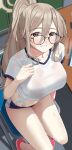  1girl absurdres akane_(blue_archive) black-framed_eyewear blonde_hair blue_archive breasts commentary grin haerge hair_between_eyes highres large_breasts looking_at_viewer midriff navel pink_footwear ponytail shirt shoes short_sleeves sitting smile solo stomach thighs tied_shirt white_shirt 