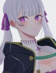  1girl black_capelet black_clover blush breasts capelet cleavage closed_mouth grey_hair hair_ribbon highres jacket long_hair looking_to_the_side low_twintails noelle_silva purple_eyes purple_ribbon ribbon rizaavana sidelocks solo twintails white_jacket 