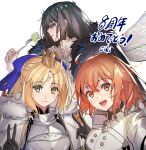  1girl 2girls ahoge armor armored_dress artoria_caster_(fate) artoria_caster_(third_ascension)_(fate) artoria_pendragon_(fate) bird black_fur black_gloves black_ribbon blonde_hair blue_bow bow breasts cape closed_mouth collar crow crown diamond_(shape) eating eiki_(eikityou_55) fate/grand_order fate_(series) fujimaru_ritsuka_(female) fur_trim gloves green_eyes grey_hair hair_between_eyes highres jacket long_hair looking_at_viewer multiple_girls oberon open_mouth orange_hair red_hair ribbon shirt short_hair small_breasts smile teeth uvula white_cape white_fur white_jacket 