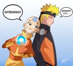  2boys aang avatar:_the_last_airbender avatar_legends bald blonde_hair closed_mouth english_text mightyd-pad multiple_boys naruto_(series) naruto_shippuuden rasengan short_hair signature smile speech_bubble tattoo teeth uzumaki_naruto whiskers 