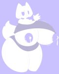  4:5 absurd_res anthro big_breasts bodily_fluids breasts clothed clothing clyde_(discord) discord_(app) felid feline female hi_res lactating mammal milk nipples purple_background purple_clothing purple_nipples raised_clothing raised_shirt raised_topwear shirt simple_background solo topwear white_body zaclyn 