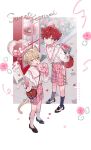  2boys aged_down amagi_hiiro animal_ears aqua_eyes bag balloon blonde_hair bouquet bow bowtie cat_ears cat_tail closed_mouth commentary dog_ears dog_tail english_commentary ensemble_stars! full_body green_eyes heart heart_balloon holding holding_balloon holding_bouquet long_sleeves looking_at_viewer male_child male_focus multiple_boys open_mouth pink_bow pink_bowtie red_hair seuga shiratori_aira_(ensemble_stars!) short_hair shorts shoulder_bag socks standing tail 