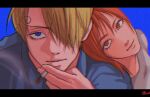  1boy 1girl asymmetrical_bangs blonde_hair blue_background blue_eyes cigarette closed_mouth curly_eyebrows hair_over_one_eye head_on_another&#039;s_shoulder holding holding_cigarette looking_at_viewer nami_(one_piece) one_eye_covered one_piece orange_eyes orange_hair sanji_(one_piece) short_hair ttippo-o 