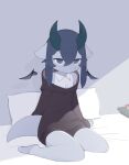  anthro bangs blue_body blue_eyes blue_hair blue_skin bottomwear clothing dragon eyebrows feet female flat_chested hair hi_res hoodie horn hotpants liteee pouting shorts shoulderless_shirt small_wings smile smiling_at_viewer solo tail topwear vest white_eyebrows wings 