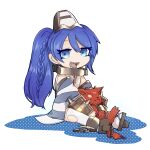  1girl animal blue_eyes blue_hair chain chibi collar detached_sleeves dog duel_monster ei_(tdnei666) full_body hat highres holding holding_animal holding_dog long_hair metal_collar open_mouth sandals sharp_teeth sitting teeth thighhighs torn_clothes torn_thighhighs unchained_soul_of_anguish unchained_twins_-_rakea yu-gi-oh! 