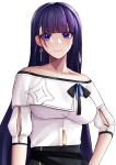  1girl absurdres bare_shoulders black_bow blue_eyes bow breasts commentary_request earrings highres honkai_(series) honkai_impact_3rd jewelry large_breasts long_hair looking_at_viewer off-shoulder_shirt off_shoulder purple_hair pyeong-il_pyeongil raiden_mei shirt shirt_bow short_sleeves simple_background smile solo upper_body very_long_hair white_background white_shirt 