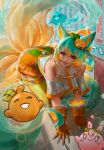  1girl :&gt; absurdres ahri_(league_of_legends) all_fours alternate_costume animal_ears bare_shoulders fingerless_gloves food-themed_hair_ornament fox_ears fox_tail gloves green_hair hair_between_eyes hair_ornament highres league_of_legends looking_at_viewer multiple_tails nyahabi2112 orange_gloves orange_hair orange_hair_ornament orange_skirt pleated_skirt shirt short_sleeves skirt smile solo tail teeth thighhighs water yellow_thighhighs 