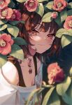  1girl absurdres animal_ears bare_shoulders blurry blush breasts brown_hair choker cleavage closed_mouth collarbone floral_print flower highres inui_toko kuro-kun_(nablack) lips looking_at_viewer nijisanji off_shoulder origami paper_crane red_eyes scan simple_background smile solo upper_body yellow_eyes 