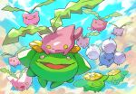  :d :t cloud commentary_request day evolutionary_line flying gara_(qbeuxvii22) highres hoppip jumpluff no_humans open_mouth outdoors pokemon pokemon_(creature) skiploom sky smile tongue yellow_eyes 
