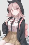  1girl bag breasts collared_shirt commentary danganronpa_(series) danganronpa_2:_goodbye_despair flipped_hair hand_up hood long_sleeves looking_at_viewer medium_hair nanami_chiaki neck_ribbon no_hair_ornament open_clothes pink_eyes ribbon semong_0000 shirt shirt_tucked_in sitting skirt solo white_shirt 