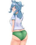  1girl absurdres ass blue_hair blue_wings blush breasts buruma butt_crack cobalnite elira_pendora embarrassed fangs from_behind green_buruma gym_shirt gym_uniform hair_ornament hair_over_one_eye head_wings highres looking_at_viewer looking_back medium_breasts medium_hair multicolored_hair nijisanji nijisanji_en one_eye_covered open_mouth see-through see-through_shirt shirt short_sleeves simple_background solo standing virtual_youtuber wet wet_clothes wet_shirt white_background white_hair white_shirt wings 