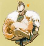  1boy 1girl bearer_of_the_curse brown_fur cat commentary covered_face dark_souls_(series) dark_souls_ii fur_trim gauntlets green_background heart helm helmet simple_background siyebuchixiangc sweet_shalquoir tail two-tone_fur upper_body white_fur 