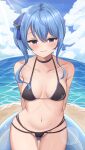  1girl absurdres bare_shoulders beach bikini black_bikini black_choker blue_eyes blue_hair blue_ribbon blush breasts choker cleavage cloud cloudy_sky collarbone commentary hair_between_eyes hair_ribbon hashira_14 highres hololive hoshimachi_suisei large_breasts looking_at_viewer medium_hair navel ocean outdoors ribbon side_ponytail sky small_breasts smile solo star_(symbol) star_in_eye swimsuit symbol_in_eye thighs virtual_youtuber 