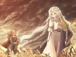  1boy 1girl blonde_hair braid brother_and_sister brown_dress cape covered_eyes dress elden_ring flower fur_collar gold_armor gold_belt gold_diadem helmet helmet_over_eyes highres holding holding_flower holding_grass laurel_crown lily_(flower) long_hair looking_at_viewer malenia_blade_of_miquella miqueliafantasia miquella_(elden_ring) multiple_braids prosthesis prosthetic_arm red_cape red_hair red_sky robe siblings sky sunset twins very_long_hair wheat_field white_robe winged_helmet yellow_eyes 