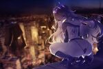  1girl absurdres ass blurry blurry_background bodysuit boots cityscape from_behind grey_hair highres hololive hololive_english hood koseki_bijou long_hair looking_back marvel mask mask_removed moai night pparus purple_eyes spider-man_(series) spider_web_print squatting virtual_youtuber web_shooter 