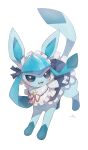  3_toes absurd_res ambiguous_gender bell bell_collar blue_body blue_ears blue_eyes blue_nose blue_paws blue_tail blush bow_(feature) bow_accessory bow_ribbon clothed clothed_feral clothing collar digital_media_(artwork) digital_painting_(artwork) dress eeveelution feet feral generation_4_pokemon glaceon glistening glistening_eyes hi_res holowear_(pokemon) looking_at_viewer multicolored_ears nintendo nullma open_mouth open_smile pink_tongue pokemon pokemon_(species) pokemon_unite quadruped ribbons shadow signature simple_background smile solo tail tea_party_style_glaceon toes tongue two_tone_ears white_background 