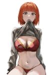  1girl blunt_bangs bra breasts bright_pupils brown_eyes cleavage clothes_lift commentary grey_sweater highres large_breasts lifted_by_self light_blush long_sleeves looking_at_viewer mcdonald&#039;s mother_(yoru_mac) mouth_hold navel navel_piercing orange_hair panties piercing raberu_ruru red_bra red_panties short_hair simple_background sitting solo stomach string_panties sweater sweater_lift symbol-only_commentary underwear white_background white_pupils yoru_mac 