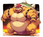  2023 anthro armband barazoku belly biceps big_muscles big_pecs border bowser bracelet claws collar deltoids eyebrows featureless_crotch hair hi_res horn huge_belly huge_muscles huge_pecs huge_thighs jewelry kemono kitora koopa love_handles male mario_bros moobs musclegut muscular muscular_anthro muscular_male nintendo nipples non-mammal_nipples nude obese obese_anthro obese_male open_mouth open_smile overweight overweight_anthro overweight_male pecs quads scalie serratus shadow shell signature simple_background smile solo spiked_armband spiked_bracelet spiked_collar spiked_shell spiked_tail spikes spikes_(anatomy) standing teeth thick_thighs tongue triceps vein veiny_muscles white_border 