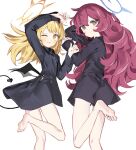  2girls barefoot black_horns black_shirt black_tail black_wings blonde_hair blue_archive blue_halo blush closed_mouth collared_shirt demon_horns demon_tail demon_wings grey_eyes halo highres horns ibuki_(blue_archive) iroha_(blue_archive) long_hair long_sleeves looking_at_viewer multiple_girls one_eye_closed open_mouth red_hair ryoma_(rym_369) shirt simple_background tail white_background wings yellow_eyes yellow_halo 