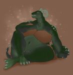  absurd_res anthro bestalsh big_breasts bottomwear bra breasts claws clothing crossed_legs female green_body green_scales hi_res horn huge_belly huge_breasts loincloth looking_content musclegut muscular_legs navel reptilian_eyes scales scalie shanie_foxtrot simple_background sitting solo thick_thighs underbite underwear 