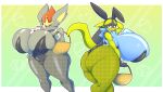  anthro big_breasts blue_body blue_fur blush breasts butt canid canine canis cinderace clothed clothing digital_media_(artwork) domestic_dog duo female female/female fur generation_4_pokemon generation_8_pokemon hi_res huge_breasts hyper hyper_breasts lagomorph leporid lucario mammal nintendo nipples pokemon pokemon_(species) rabbit simple_background smile thiccbuns white_body white_fur 