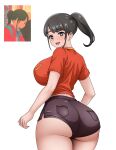  1girl :d absurdres alternate_breast_size alternate_costume ass black_eyes black_hair black_shorts breasts bright_pupils clothes_pull girlfriend_(yoru_mac) highres huge_breasts long_hair looking_at_viewer looking_back mcdonald&#039;s ponytail pzpana red_shirt reference_inset shirt short_sleeves shorts shorts_pull smile solo yoru_mac 