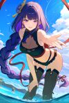  2girls 95--- :d absurdres bare_arms bare_shoulders bikini black_bikini black_thighhighs blue_sky cloud commentary day furina_(genshin_impact) genshin_impact highres leaning_forward long_braid long_hair looking_at_viewer multiple_girls navel ocean open_mouth purple_eyes purple_hair raiden_shogun sky smile solo_focus standing stomach swimsuit thighhighs very_long_hair water 