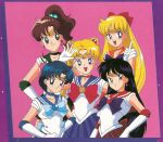  5girls aino_minako bishoujo_senshi_sailor_moon blonde_hair blue_hair blue_skirt bow brown_hair earrings friends gloves happy hino_rei jewelry kino_makoto magical_girl mizuno_ami multiple_girls official_art purple_bow red_bow sailor_jupiter sailor_mars sailor_mercury sailor_moon sailor_venus short_hair skirt star_(symbol) star_earrings tsukino_usagi white_gloves 